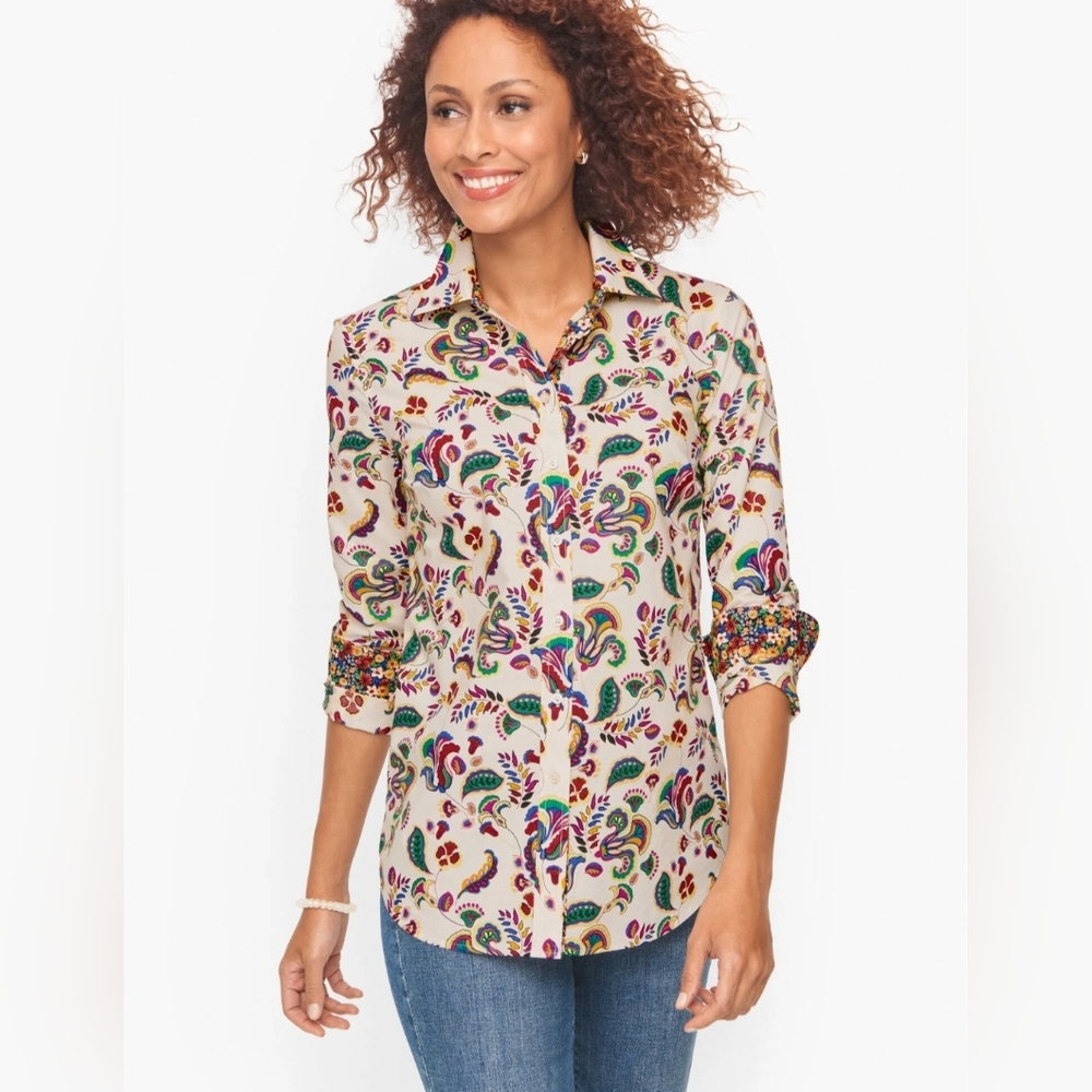 Talbots Cotton Button Front Shirt - Colorful Foulard - Plus Size 2X-‎ Petite
